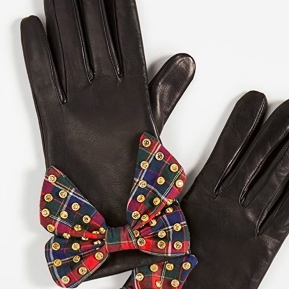 🆕LELE SADOUGHI CASHMERE LINED BLACK LEATHER GLOVES PLAID TARTAN BOW & CRYSTALS - Picture 5 of 5